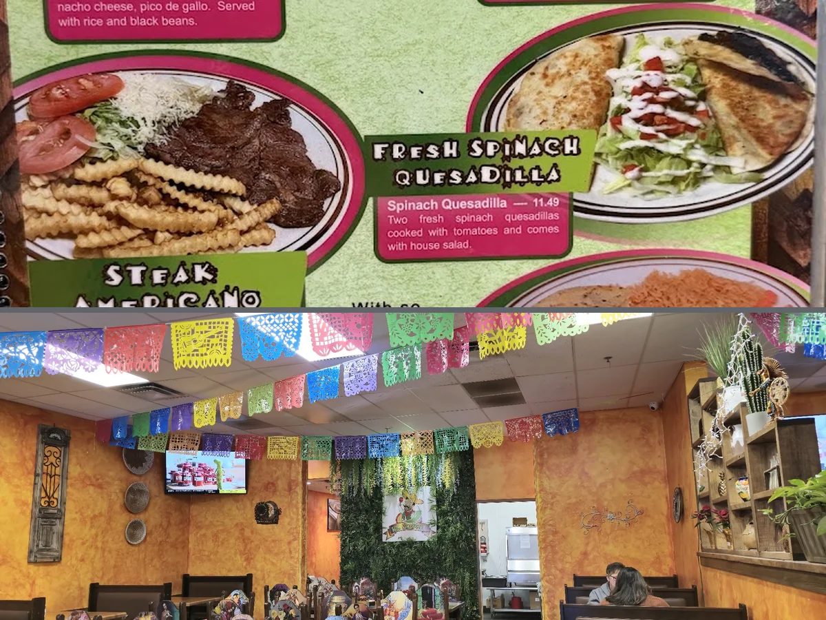 Colorful Mexican plates on a restaurant table.