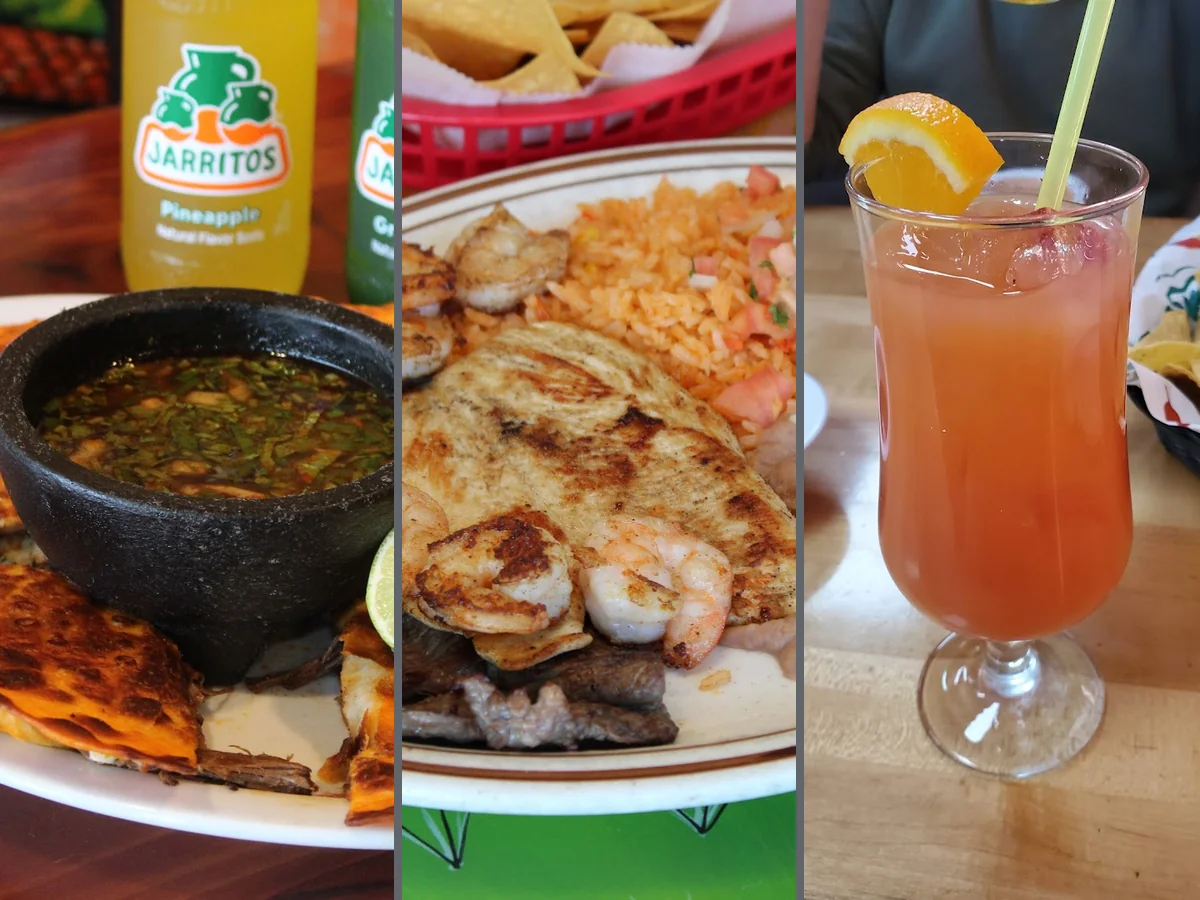 Colorful Mexican plates on a restaurant table.